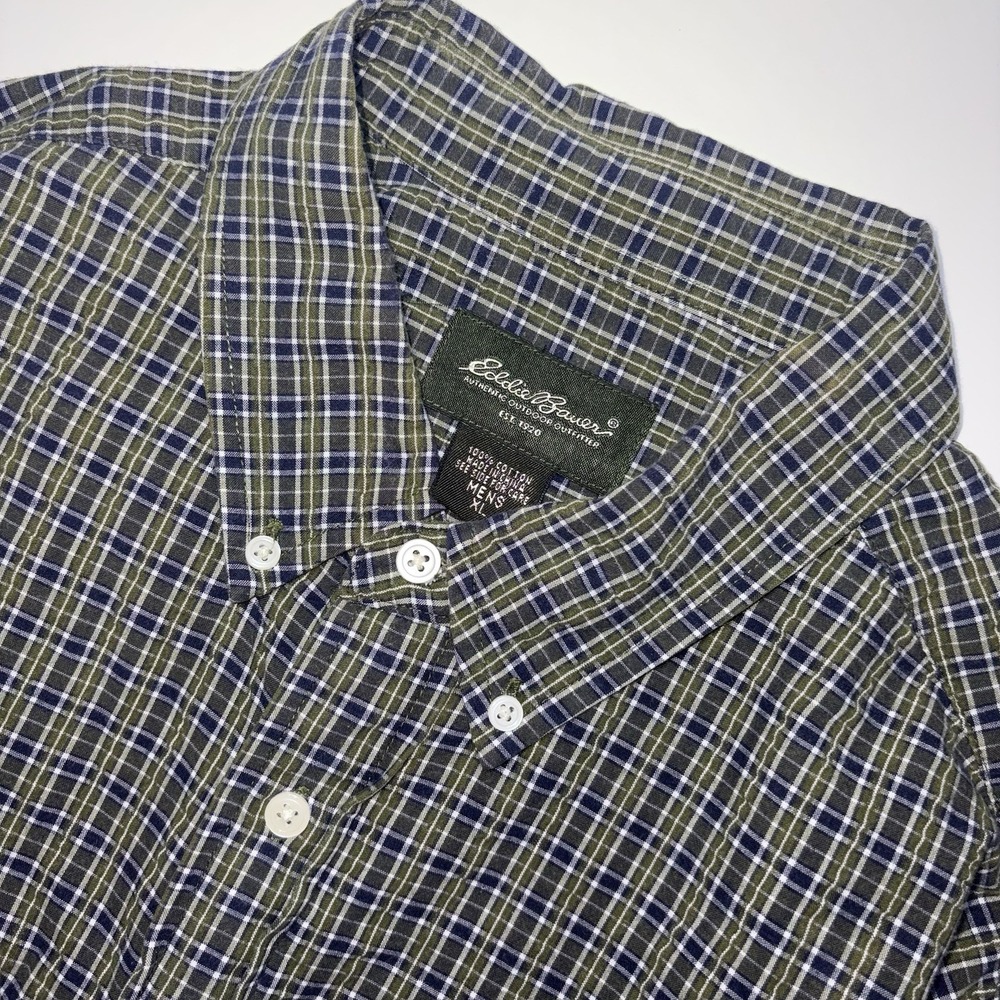 Eddie Bauer Mens Relaxed Fit Short Sleeve Shirt XL Green Plaid Cotton